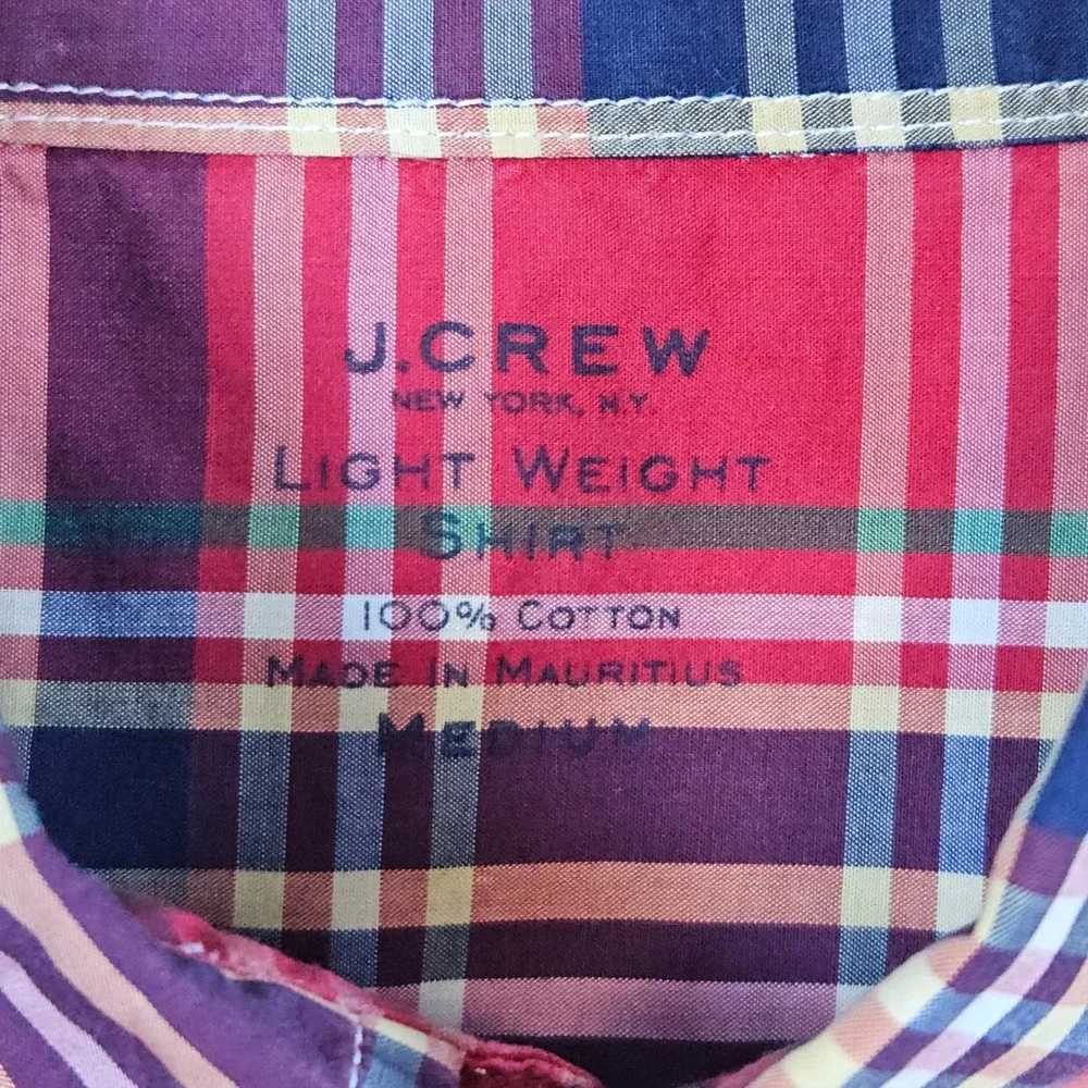 J Crew Men's Multicolor Plaid‎ Light Weight Shirt Size M 100% Cotton Button Down